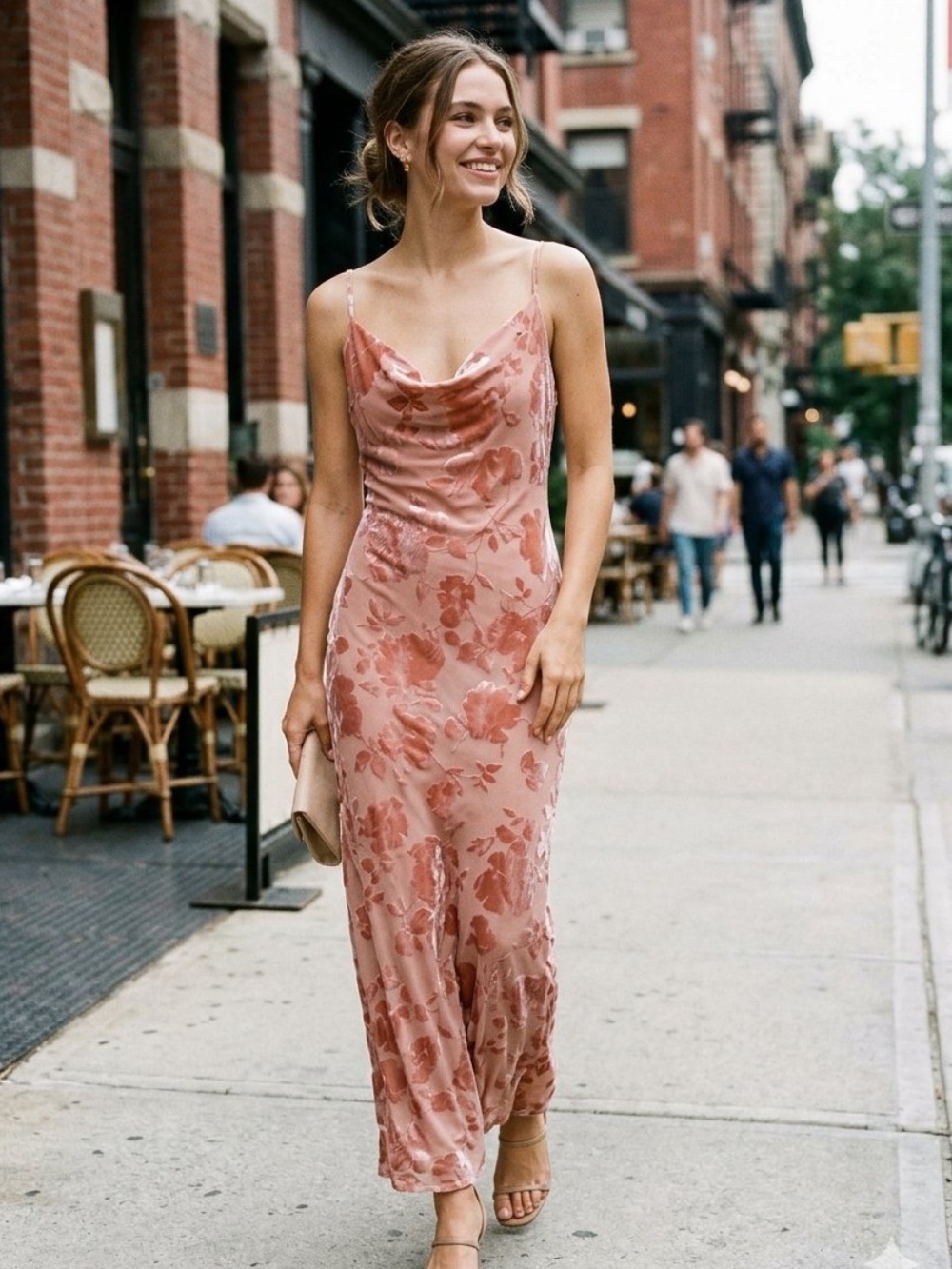 Pink Floral Velvet Burnout Cowl Neck Maxi Slip Dress